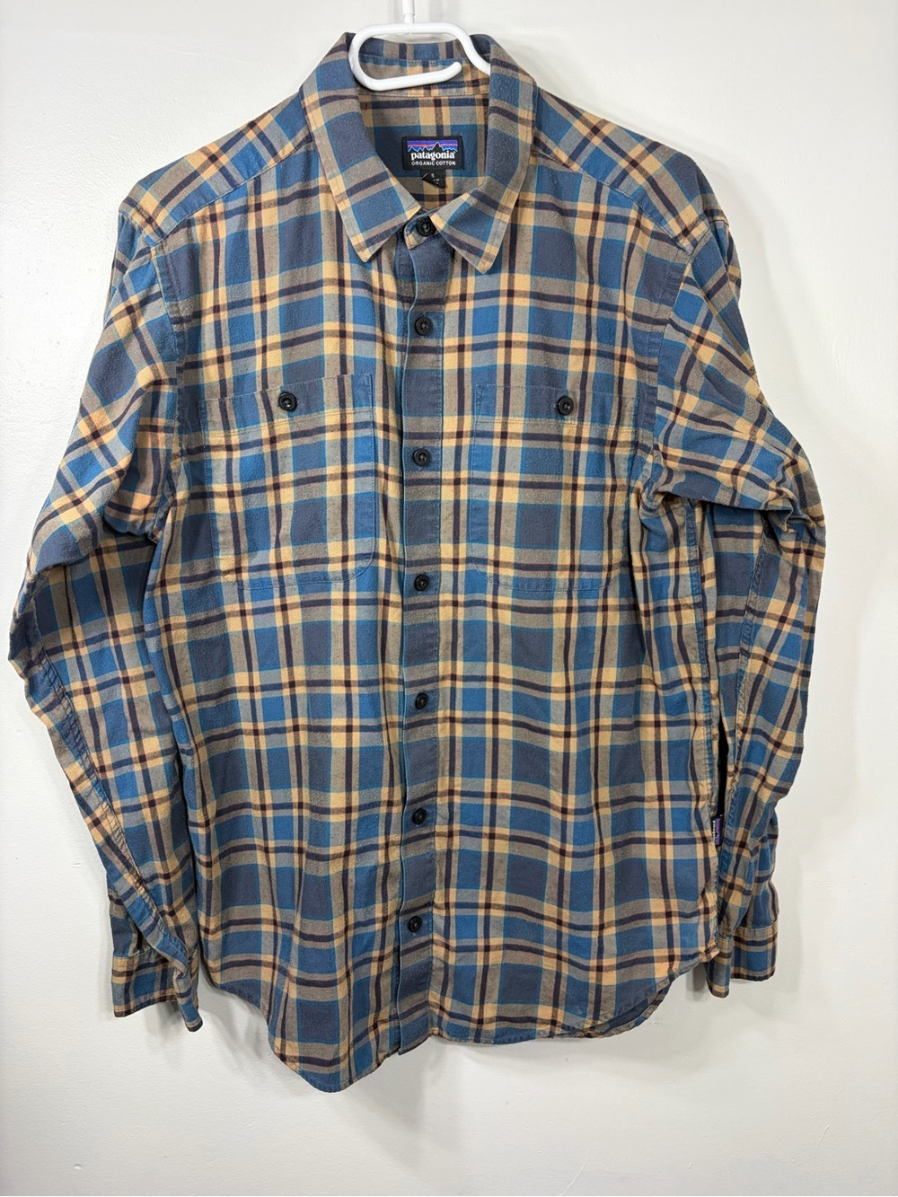 Patagonia Men’s Small Organic Cotton Plaid Flannel Button Front Shirt Blue Tan